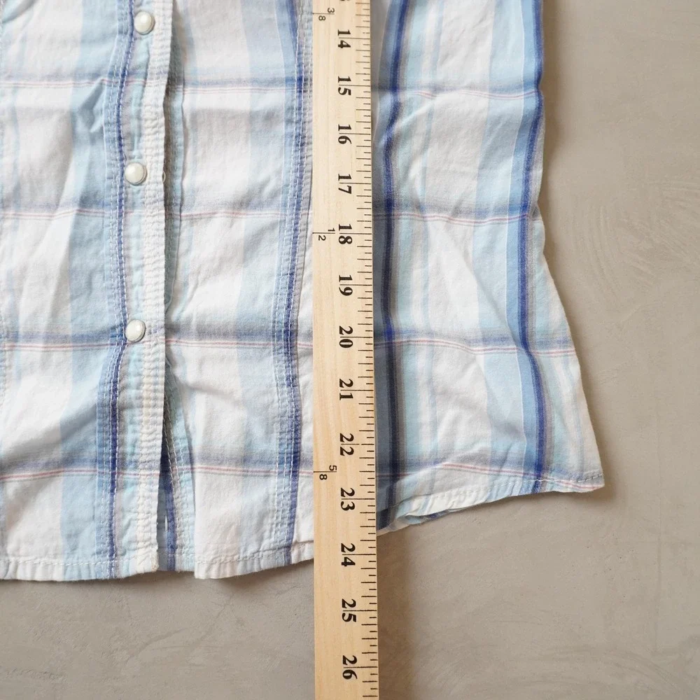 True Religion Western Pearl Snap Shirt Medium Mens Blue White Plaid Cowboy Yoke